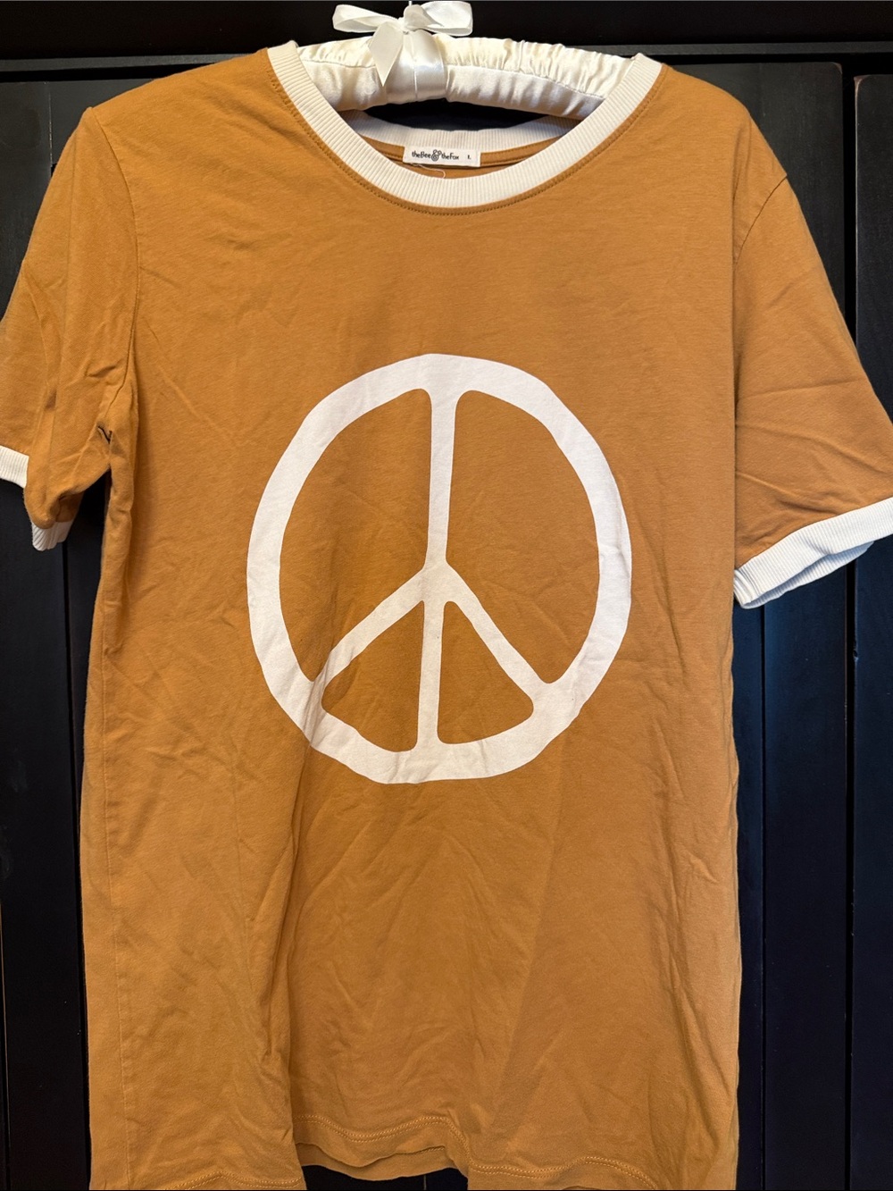 Women’s Peace-Logo Ringer Tee in Mustard Yellow - Casual Short Sleeve
